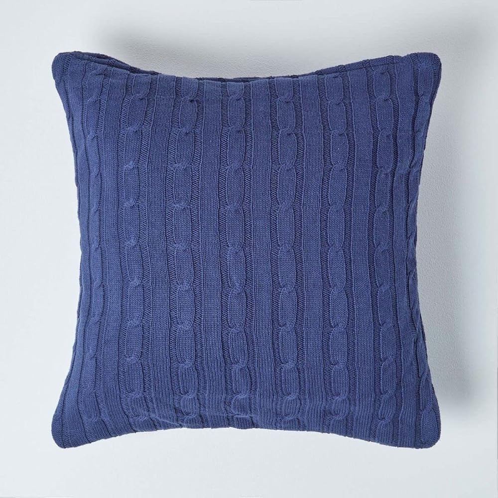 HOMESCAPES Cable Knit Cushion Cover Navy, 100% Cotton, 18 x 18 Inches, Washable