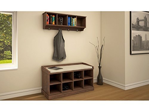 Kempton Hallway Storage Bench and Wall Storage Shelf Rack with Coat Hooks, Walnut