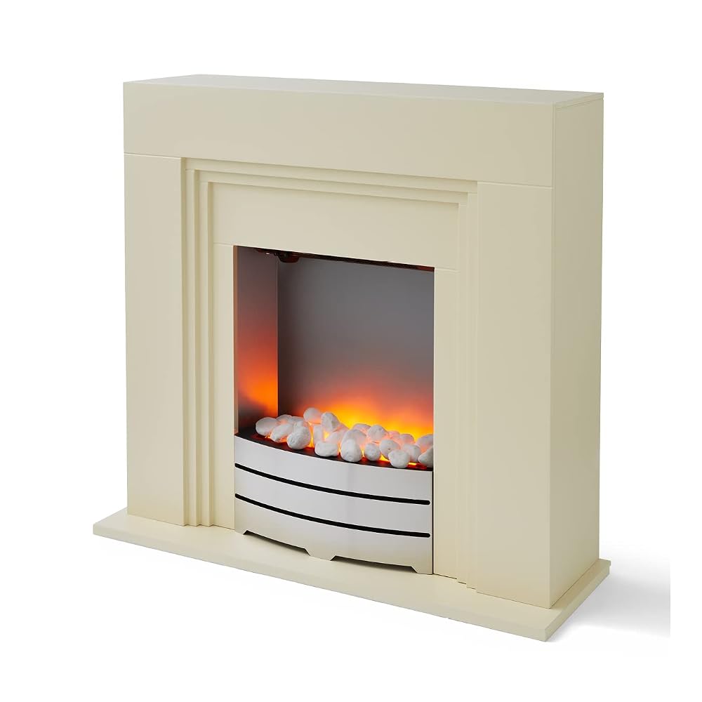Warmlite WL45011 2000W York Fireplace Suite with Realistic LED Flame Effect, Ivory with Chrome Accents