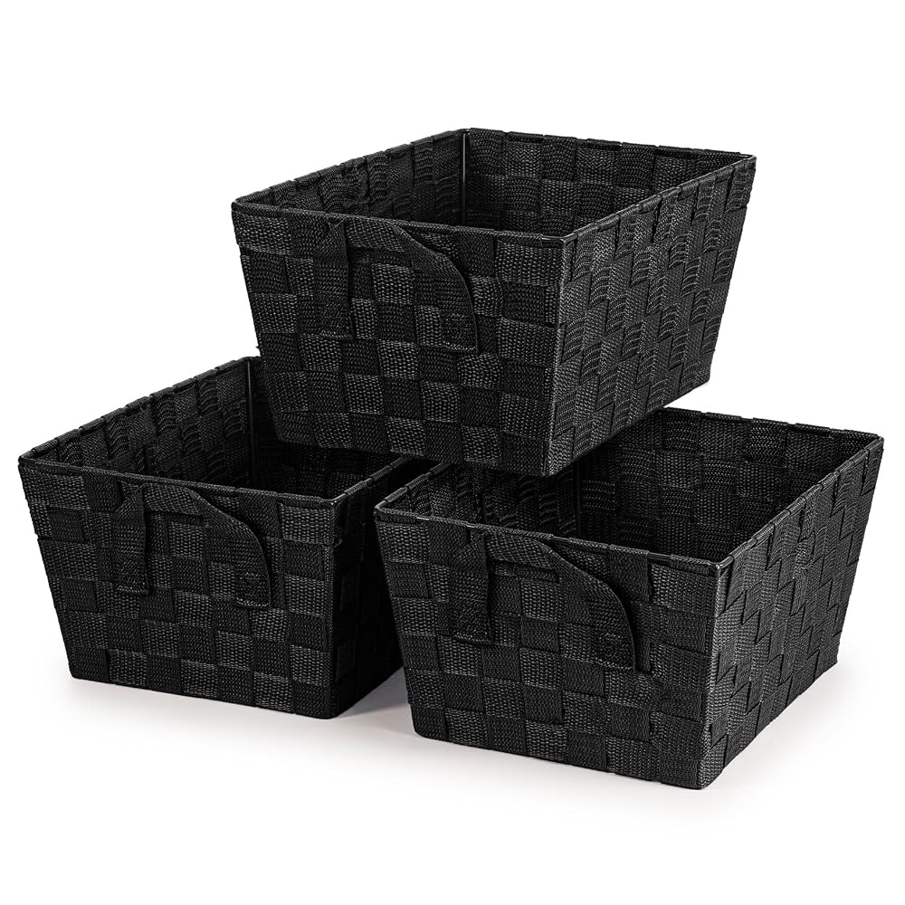EHC Storage Baskets, Set of 3, Storage Boxes Storage Organiser Hamper Basket, Black