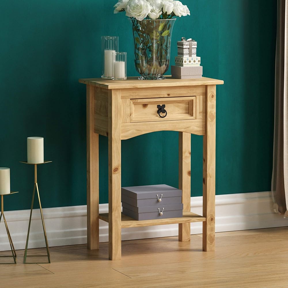 Vida Designs Corona 1 Drawer Console Table With Shelf, Waxed Pine