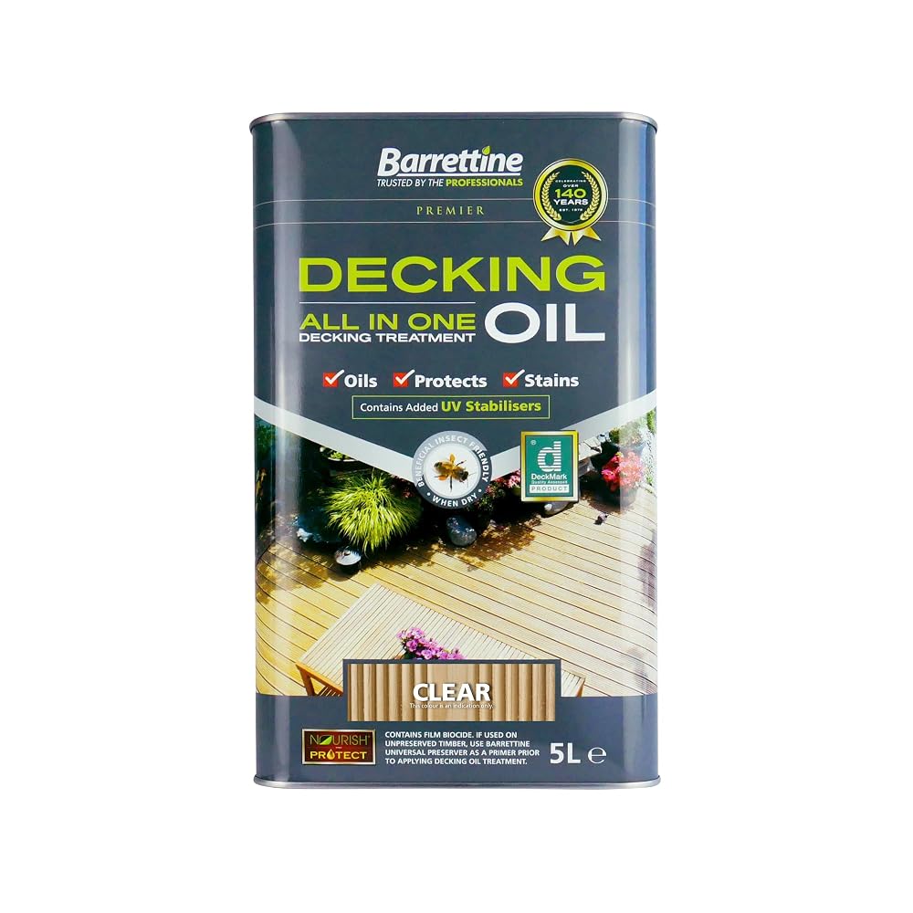 Barrettine Decking Oil (Clear, 5L) - UV & Fade Resistant All-in-One Outdoor Decking Treatment