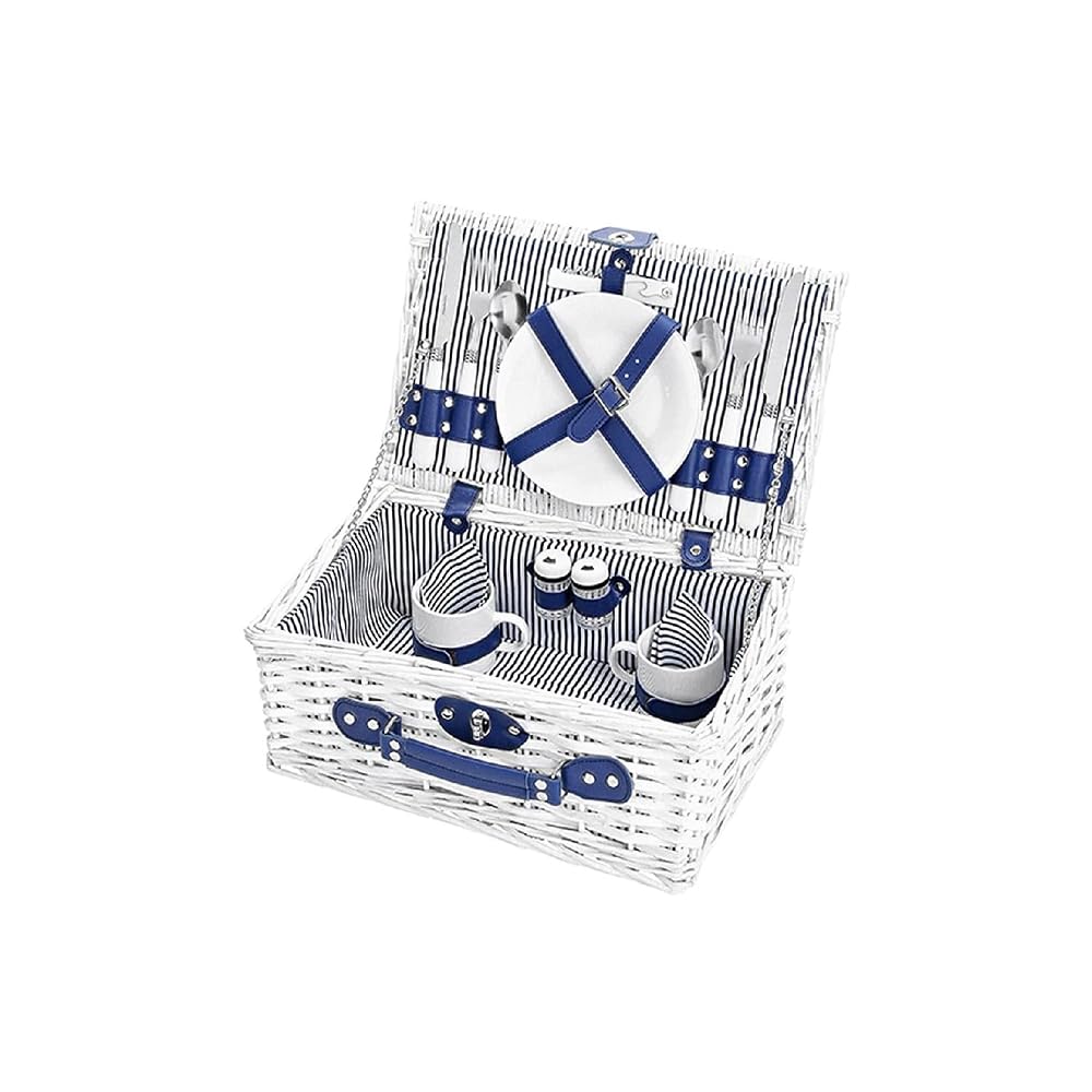 Couple's Picnic Basket - Blue / White Stripes, Picnic Set for 2 People, 16 Pieces