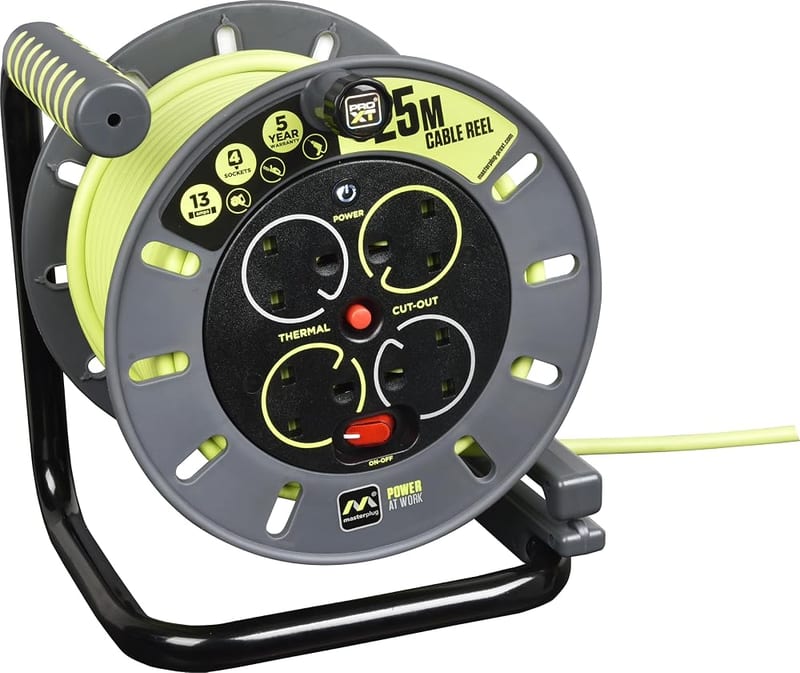Masterplug Pro-XT Four Socket Open Cable Reel Extension Lead with Winding Handle, Thermal Cut Out and Power Switch, 25 Metres, Green