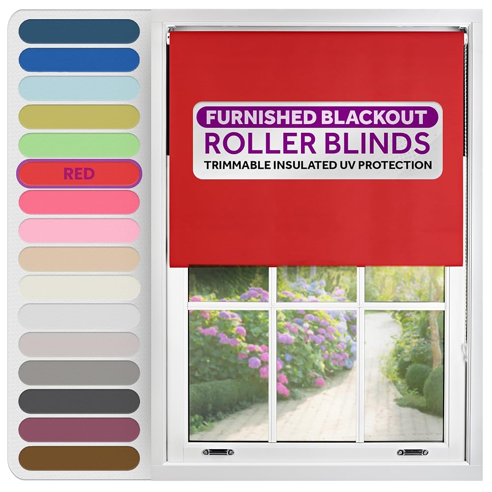 FURNISHED Roller Blinds, Thermal Blackout Roller Blind, Trimmable Insulated UV Protection, Child Safe, Red, 60 x 165cm
