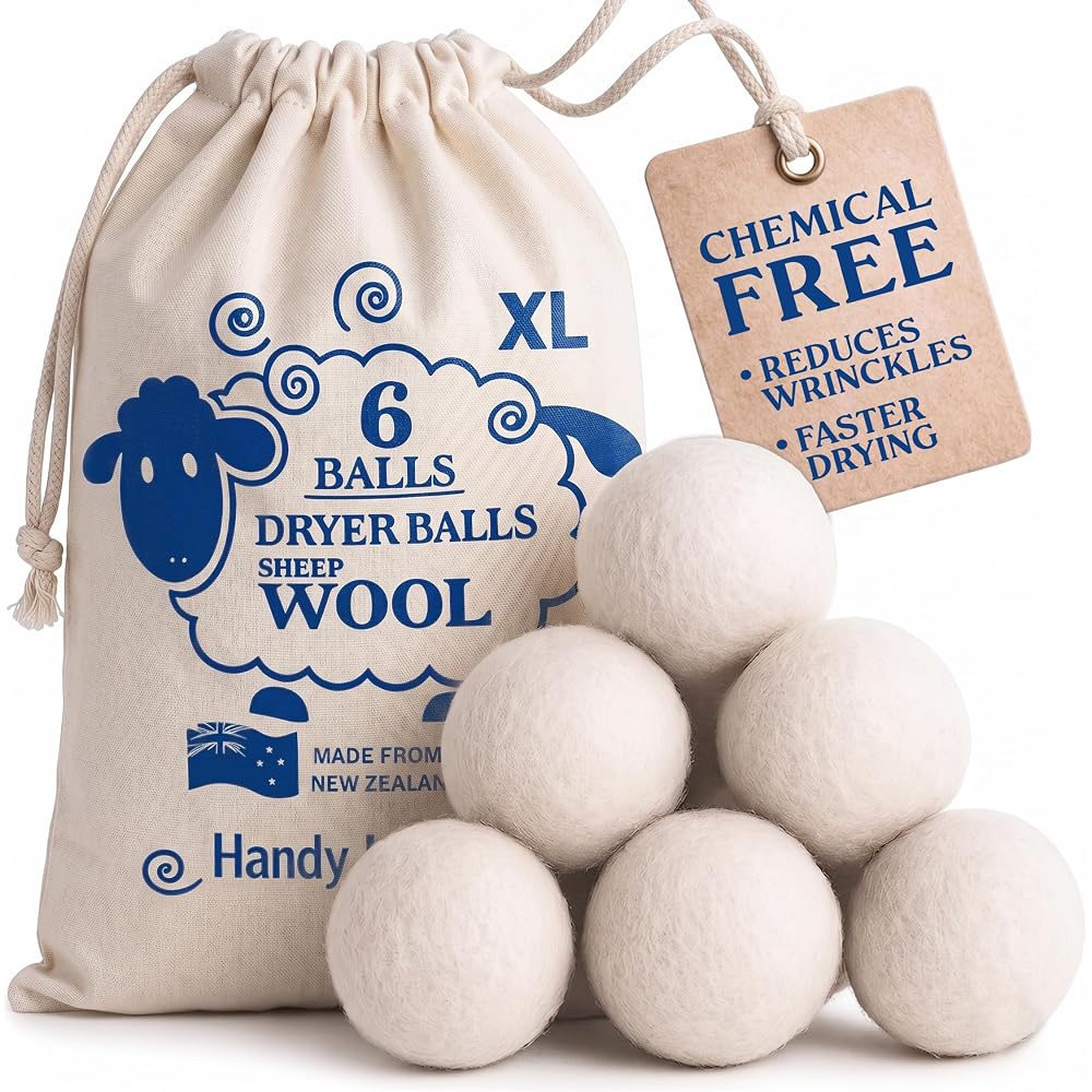 Handy Laundry Wool Dryer Balls - Natural Fabric Softener, Reusable, Reduces Clothing Wrinkles & Saves Drying Time, Better Alternative to Plastic Balls and Liquid Softener (Pack of 6)
