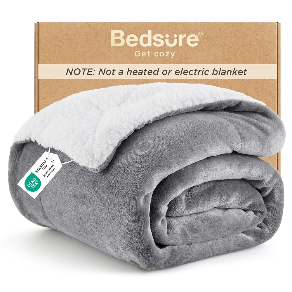 Bedsure Sherpa Fleece Throw Blanket, Fluffy Microfiber Solid Blankets for Bed and Couch, Double/Twin Size, Silver Grey, 150x200cm