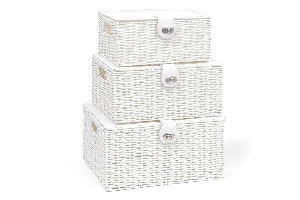 ARPAN Set of 3 Resin Woven Storage Basket Box with Lid & Lock, White