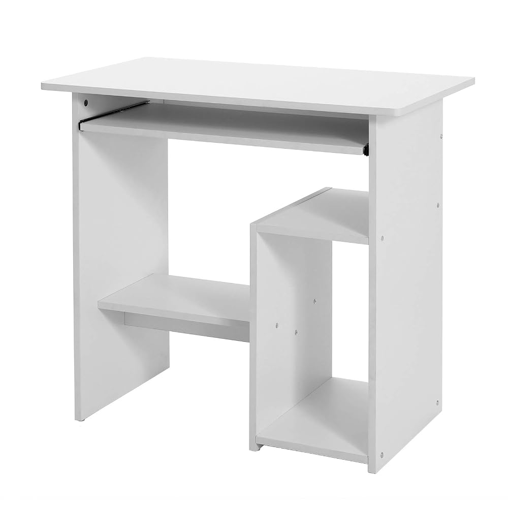 SONGMICS Computer Desk, Small Study Workstation with Keyboard Tray and Open Shelves, Computer Tower Compartment, White
