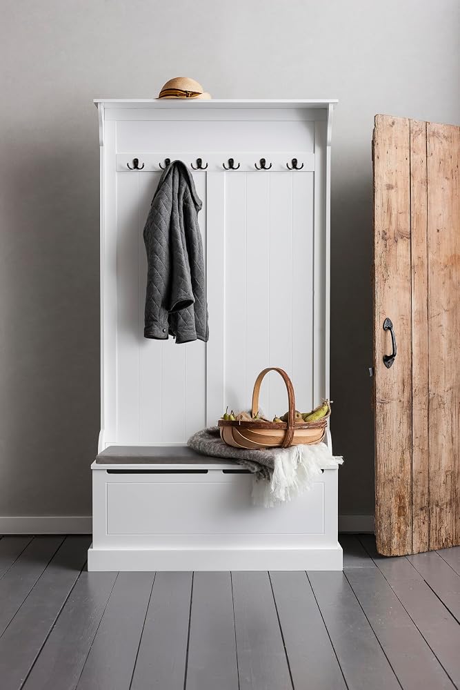 Noa & Nani Brittany Hallway Bench with Coat Hooks and Shoe Storage, White