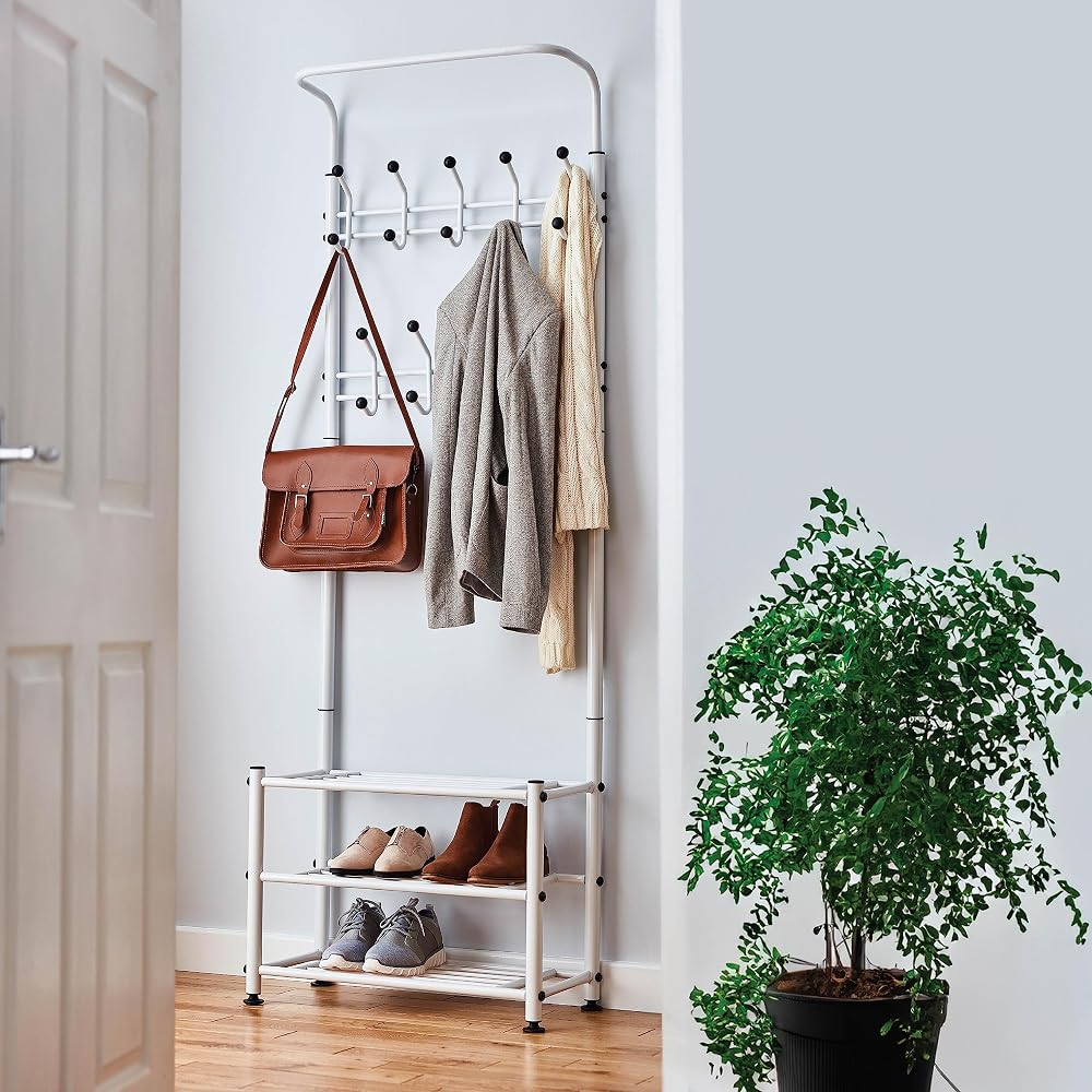 House of Home Coat Stand with Shoe Rack, White Metal Hallway Storage Stand with 18 Hooks & Bench