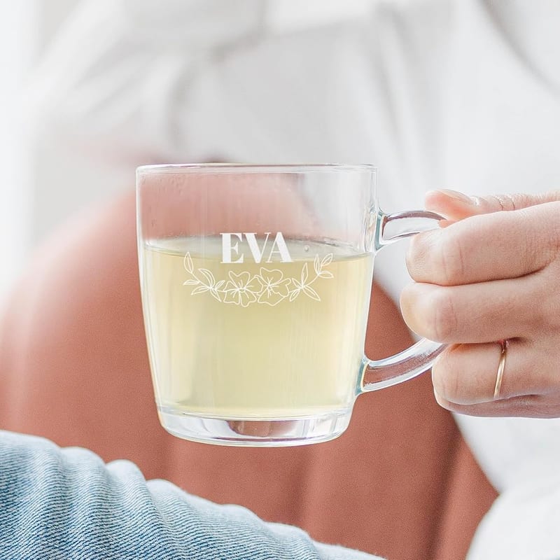 Personalised Engraved Glass Mug - Glass Mug Engraved with the Name or Text of Your Choice, Various Designs & Fonts Available, Laser Engraving, Dishwasher Safe