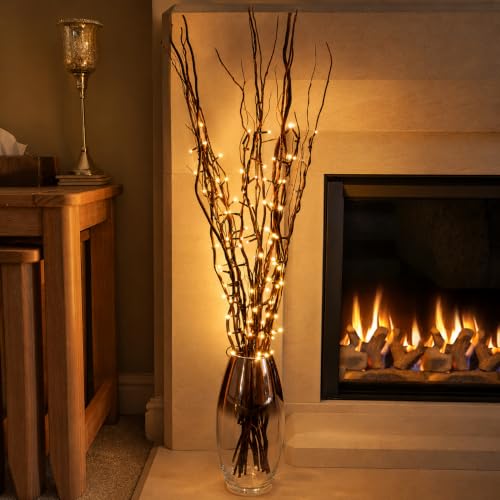 Festive Lights 5 x 87cm Tall Brown Willow Twig Branch Lights – 50 Warm White LEDs – Plug In Mains Powered Indoor Decorative Christmas & Home Accessory – Vase, Table, Bedroom & Living Room Rustic Decor