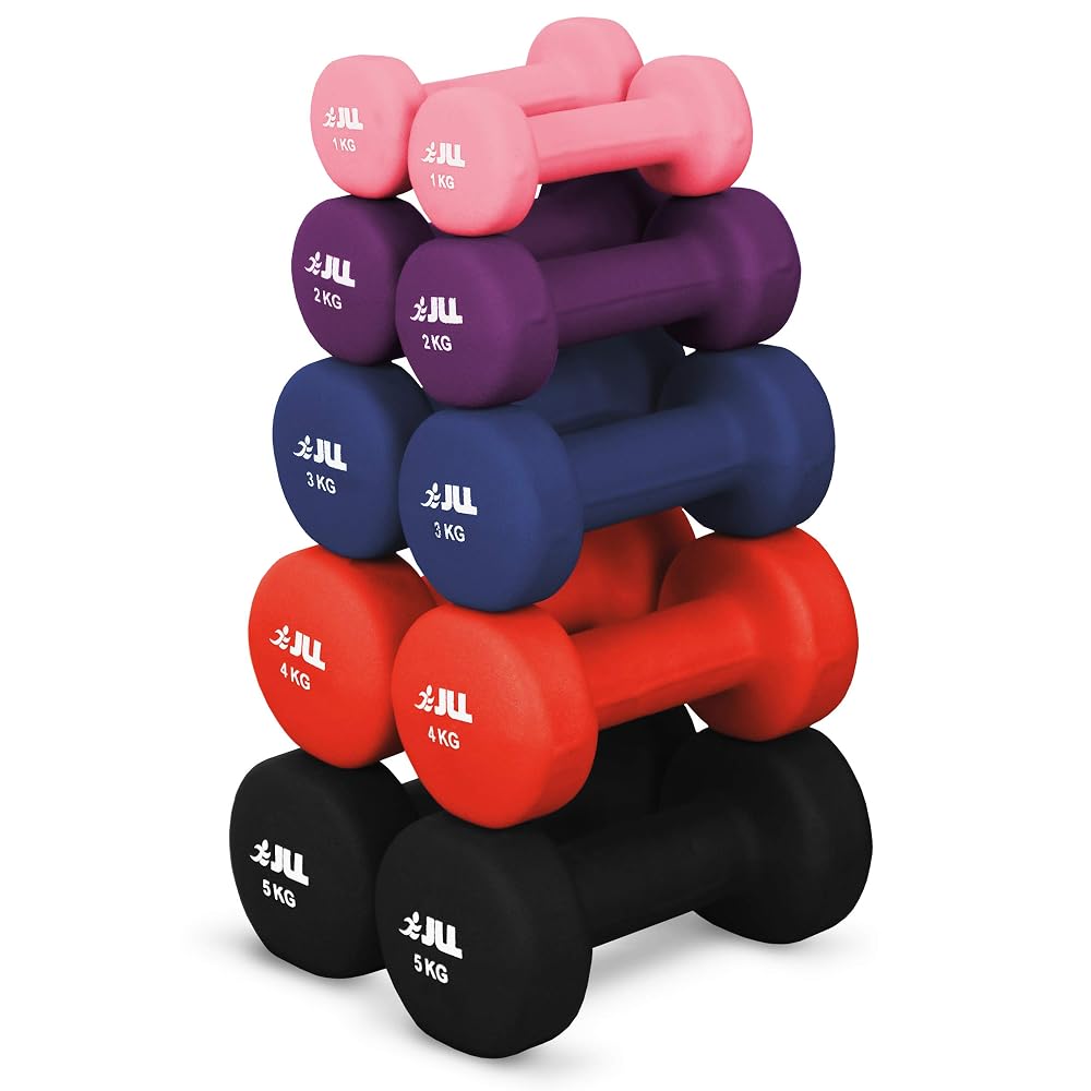 JLL Neoprene Coated Dumbbell Pair, Colour-Coded Hand Weights for Home Workouts