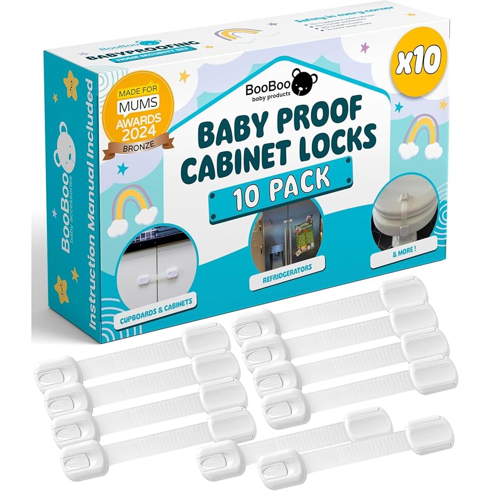 BooBoo Baby 10 Pack Premium Child Locks for Kitchen Cupboards — Child Proof Cabinet and Drawer Locks, No Drilling