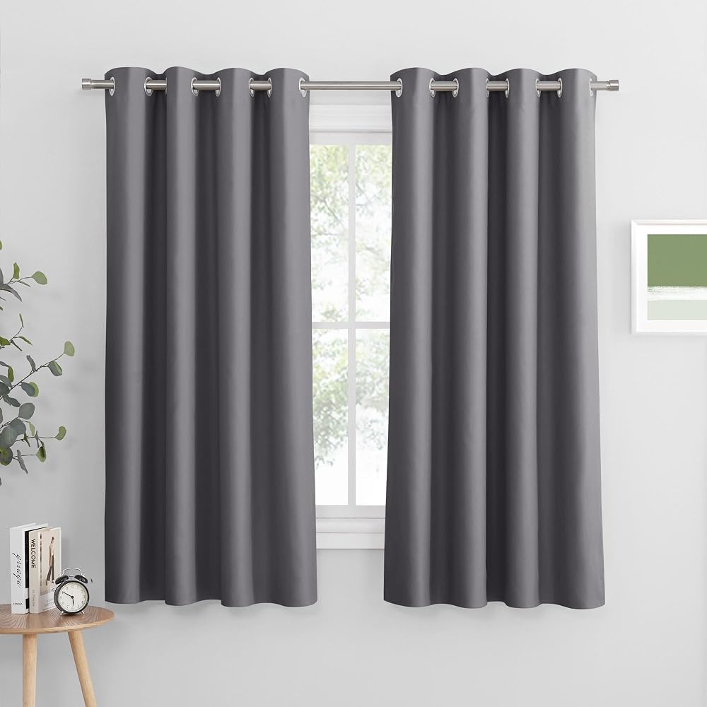 PONY DANCE Grey Blackout Thermal Insulated Curtains for Bedroom, 46 x 54 Inch Short Eyelet Curtains, 2 Panels