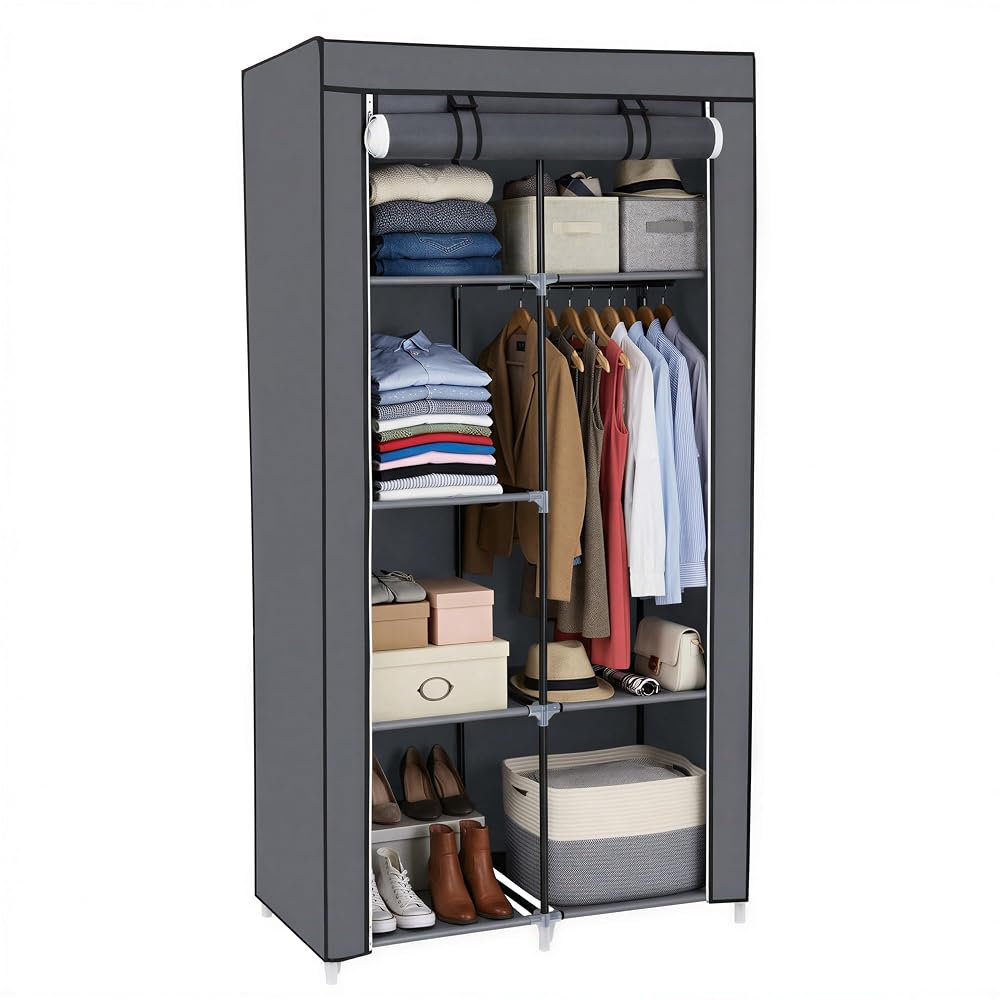 SONGMICS Fabric Wardrobe, Clothes Storage Organiser, 6 Shelves, 1 Hanging Rail, Black