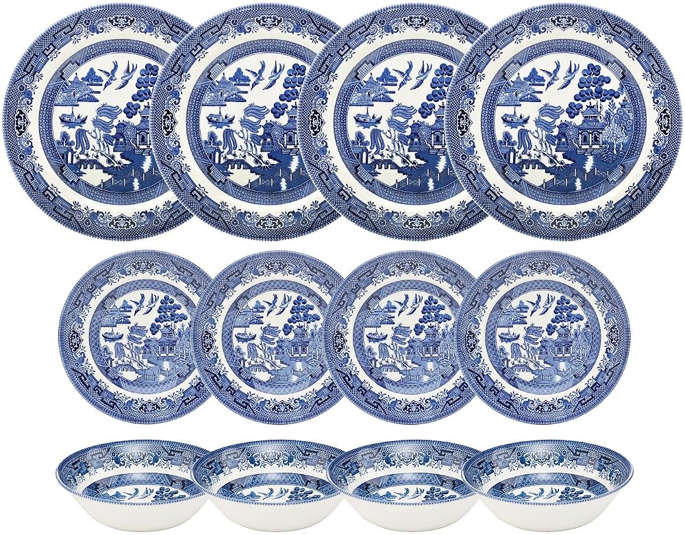 Churchill Blue Willow 12 Piece Dinner Set, Dinner Plates, Salad Plates and Coupe Bowls, Made in England