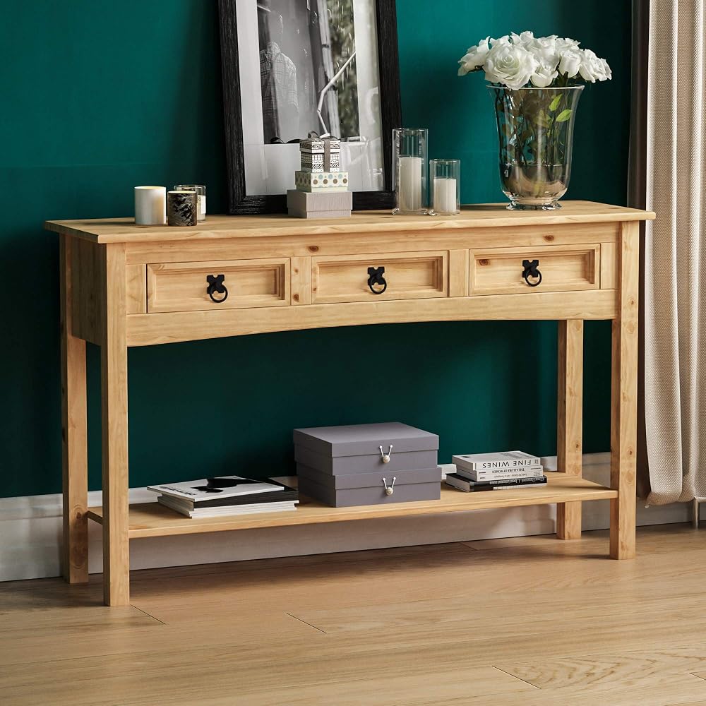 Vida Designs Rectangular Corona Console Table, 3 Drawer With Shelf for Extra Storage, Solid Pine Wood