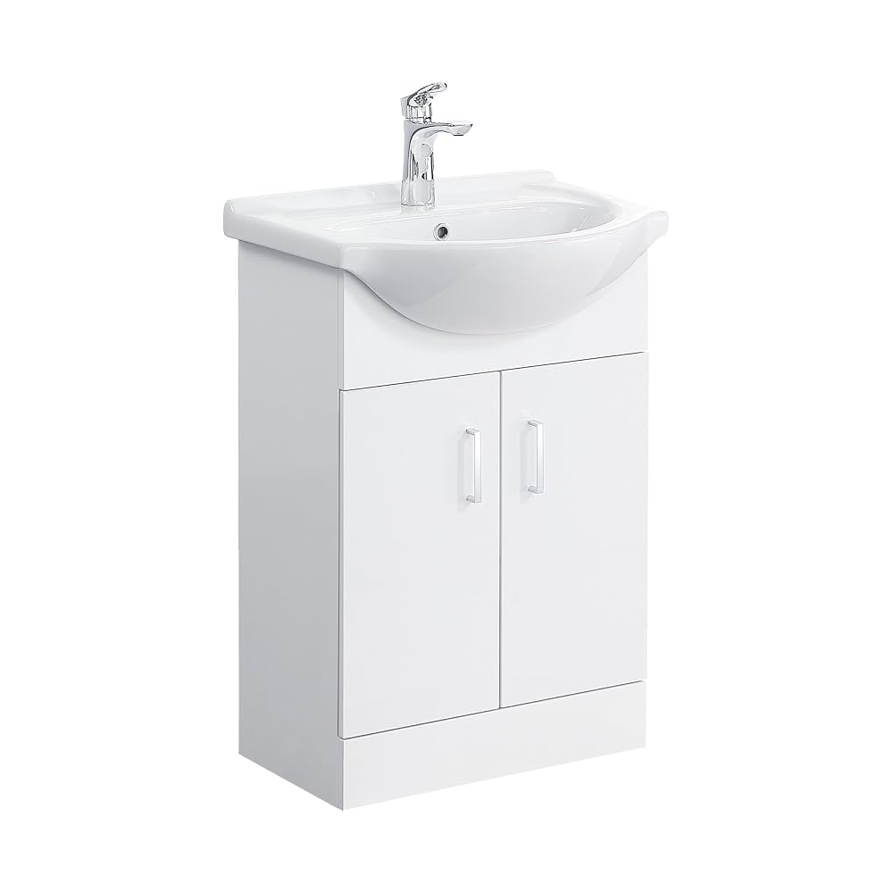 VeeBath iBathUK Vanity Basin Unit + Back to Wall Tallboy Toilet White Gloss Furniture Set (650mm)