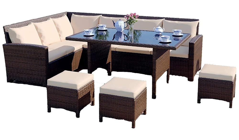 Abreo Rattan Dining Set Furniture Garden Corner 9 Seater Sofa Set with Waterproof Cover