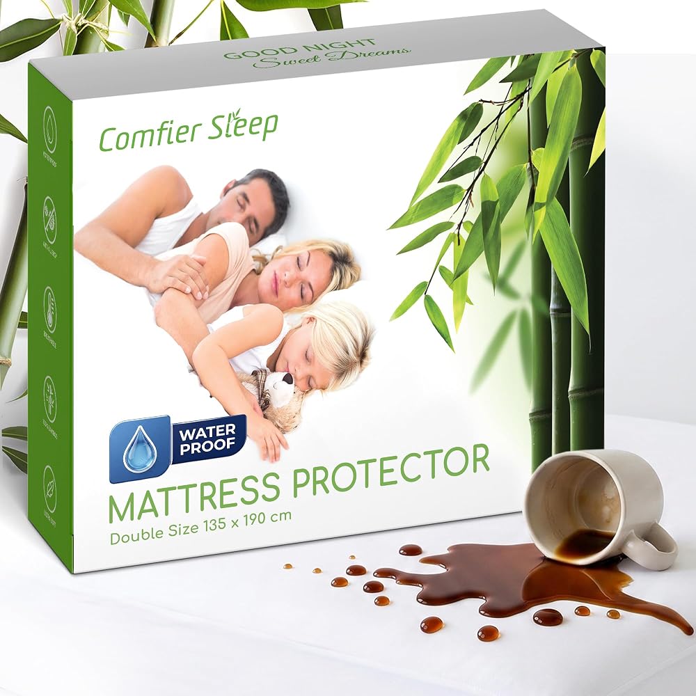Double Bed Mattress Protector 135x190cm Waterproof 100% Bamboo, Breathable, Hypoallergenic, Noiseless Fitted Cover