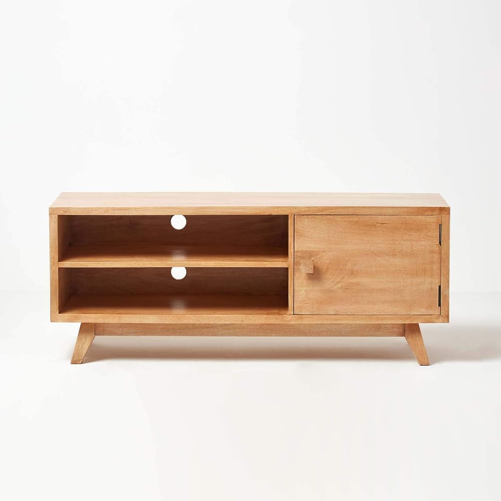 HOMESCAPES Retro Style Plasma TV Stand with Shelf, 100% Solid Oak (Mango Hardwood, No Veneer)