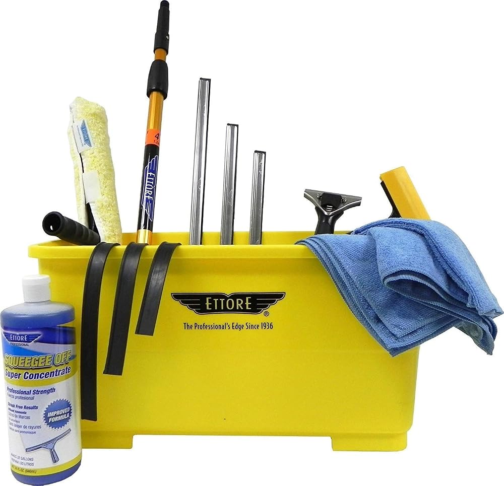 Ettore Professional Window Cleaning Kit with 4' Extension Pole, Squeegee and Scrubber
