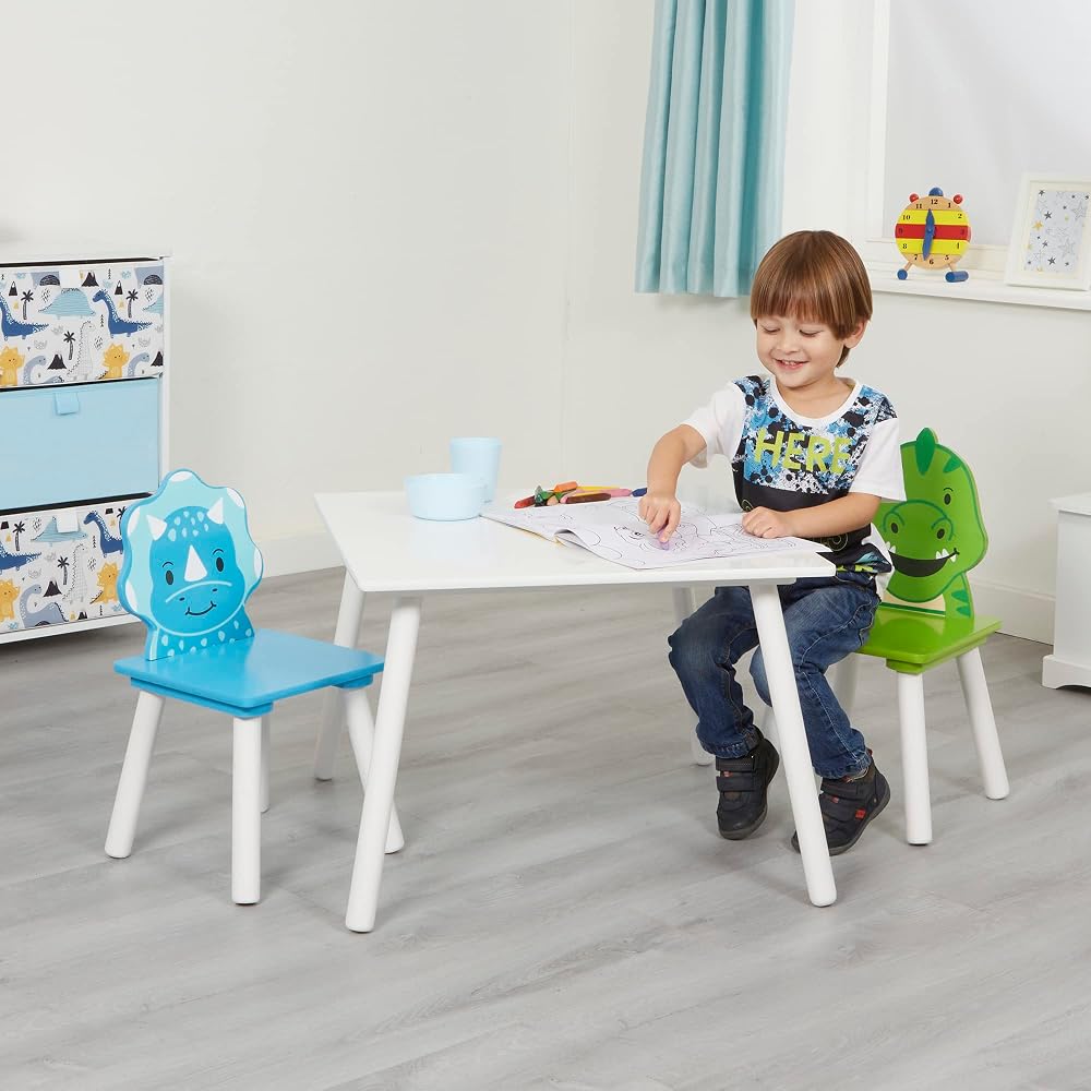 Liberty House Toys Kids Dinosaur Table and 2 Chairs Set, Engineered Wood, Blue and Green
