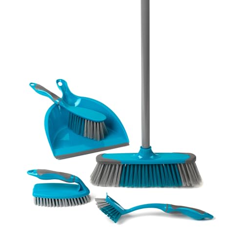 Beldray LA024152TQ Cleaning Bundle with Broom - Dustpan and Brush Set, Scrubbing & Dish Brushes, Long Handled Indoor Floor Sweeping, Washing Up Brushes, Bathroom/Tile/Grout Cleaner, Soft Grip, Blue