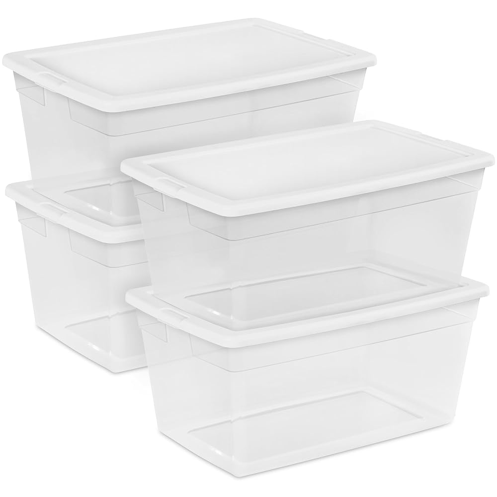 Sterilite 4-Pack Storage Box, Stackable Clear Plastic Bins with Snap-On Lids, 90 Quart
