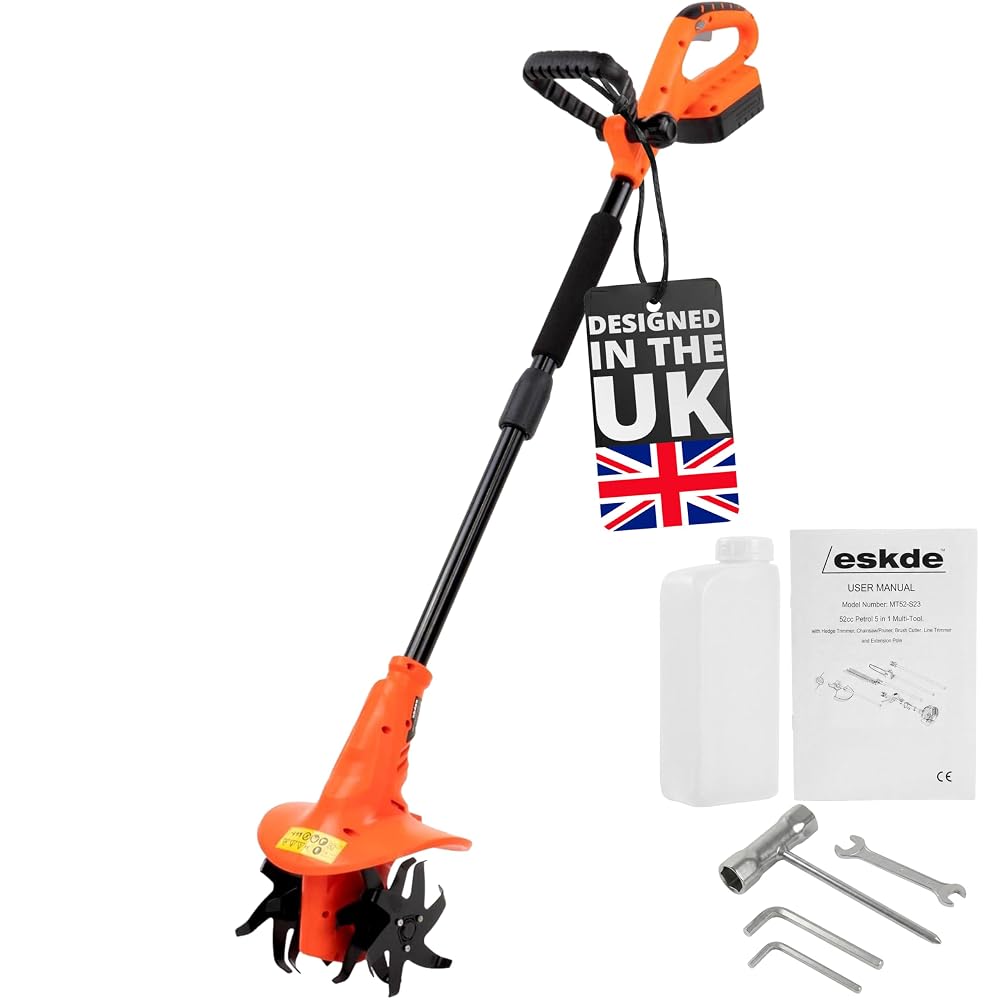 eSkde Garden Rotavator, Tiller and Cultivator, Cordless Garden Tool | 18V Lithium-Ion Battery, 200mm Width, 80mm Depth, 4 Steel Tines, Adjustable Handle