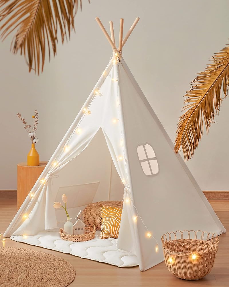 Tiny Land Teepee Tent for Kids with Padded Mat, Light String & Carry Case | Foldable Play Tent for Indoor Outdoor, Washable Tipi Tent for Sleepover, Reading Nook, Portable Playhouse - Raw White Canvas
