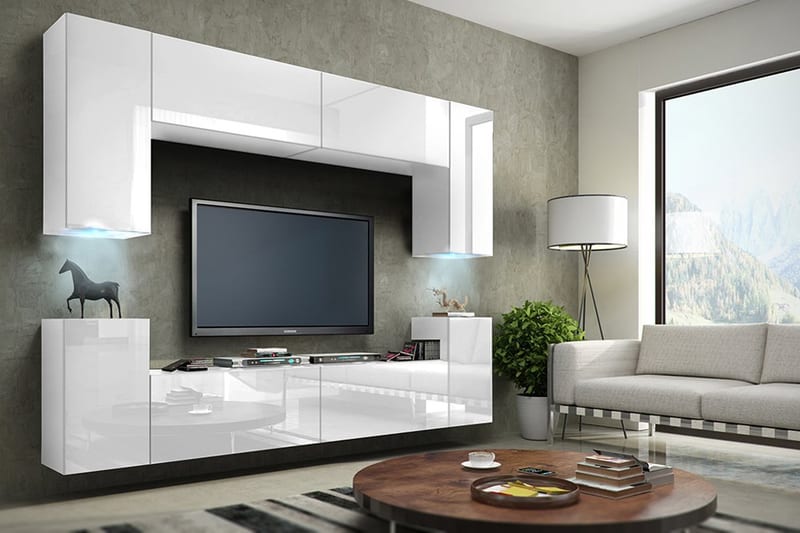 TV Media Wall Unit in White with LED, Concept 1