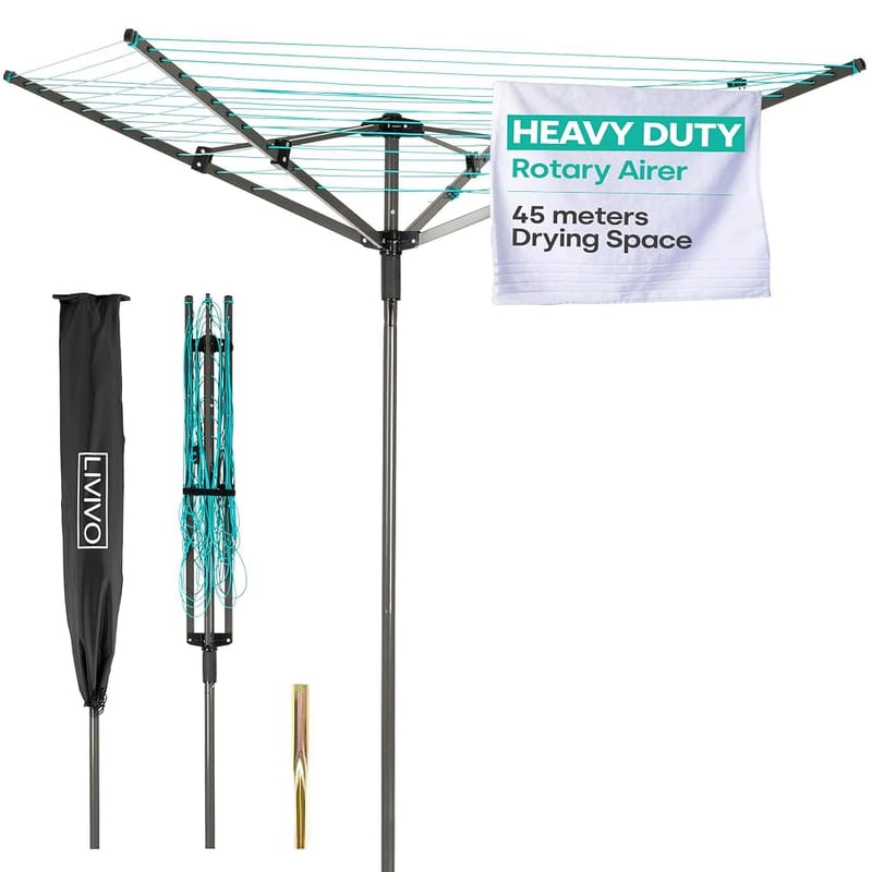 LIVIVO 4 Arm Rotary Washing Line - 45M Outdoor Clothes Line for Outside - Foldable Garden Rotary Outdoor Clothes Dryer with Free Ground Washing Line Spike and Cover, Turquoise