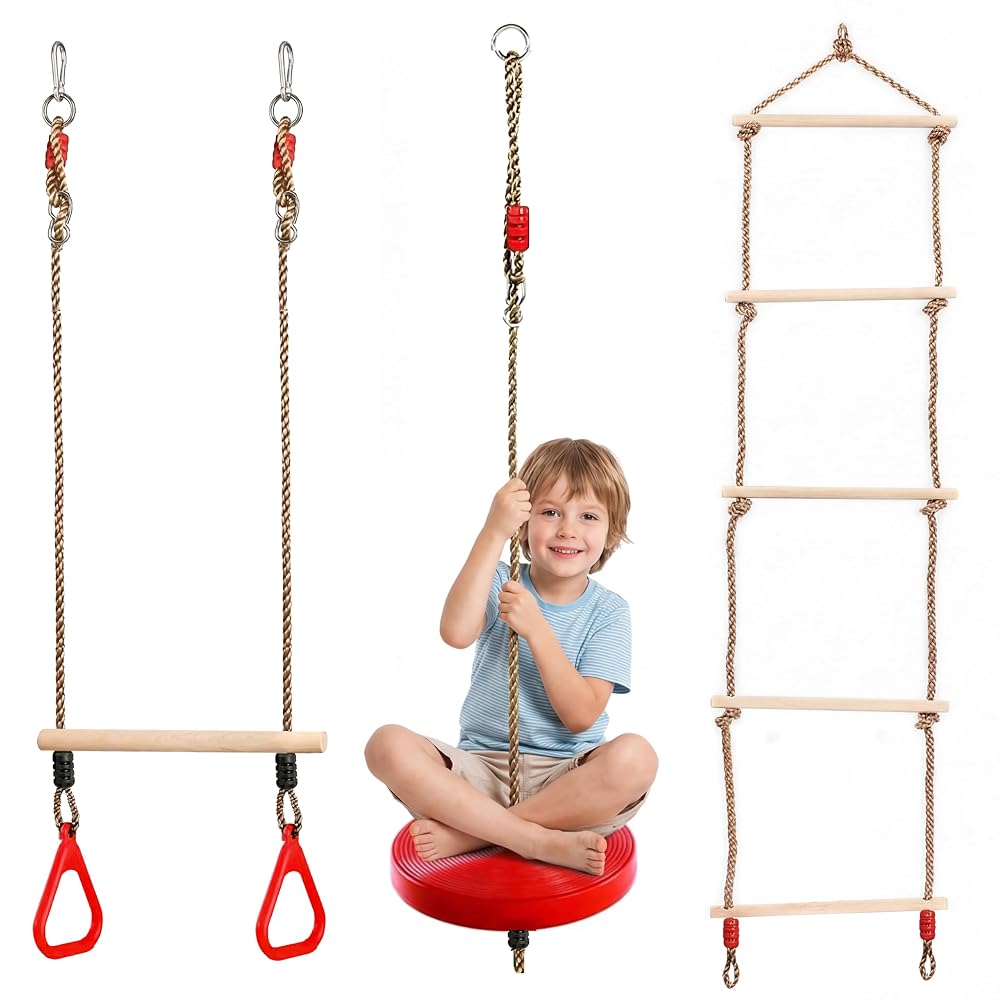 The Magic Toy Shop Trapeze Bar, Rope Ladder & Round Button Swing Seat with Adjustable Ropes - 3-in-1 Weather Resistant Garden Climbing Frame Accessories & Outdoor Play Equipment for Kids, Ages 3+