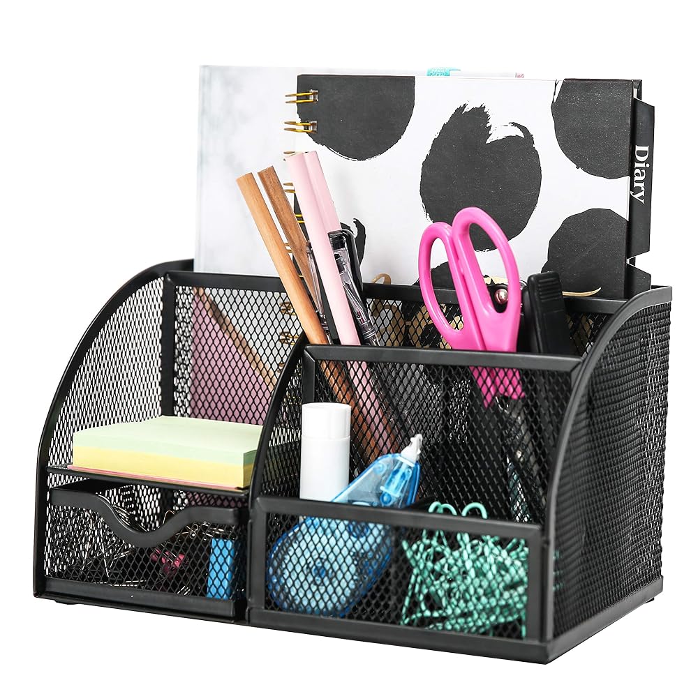 EXERZ Desk Organiser 7 Compartment Pencil Holder, Multifunctional Mesh Pen Pot Desktop Stationery Organiser, Black