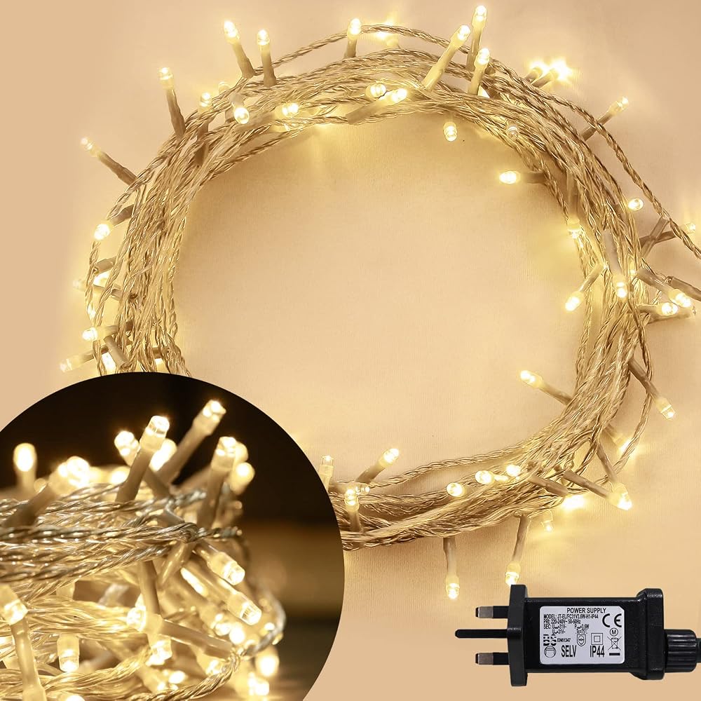ANSIO Christmas Lights 100 LED 10m/33ft Warm White, Indoor & Outdoor, Mains Powered Clear Cable