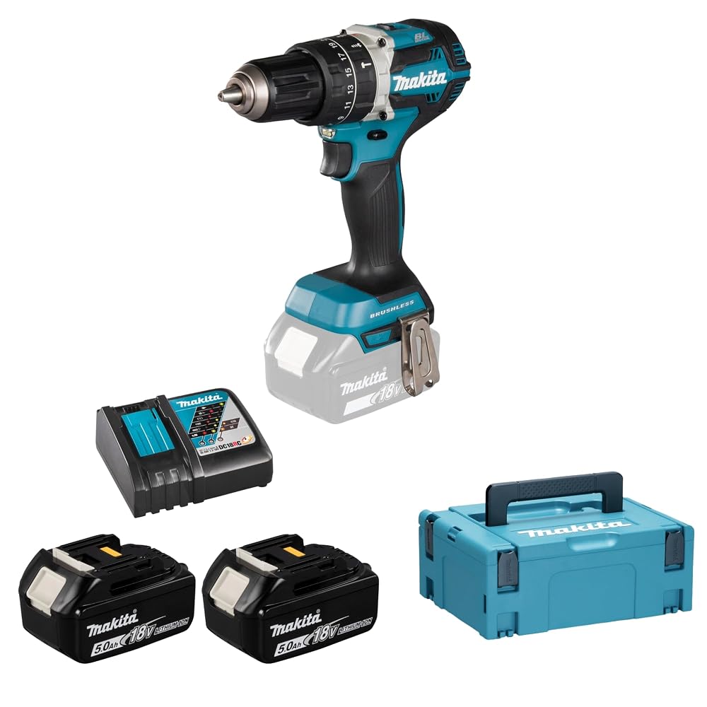 Makita DHP484RTJ 18V Li-Ion LXT Brushless Combi Drill, Complete with 2 x 5.0Ah Batteries and Charger in Makpac Case