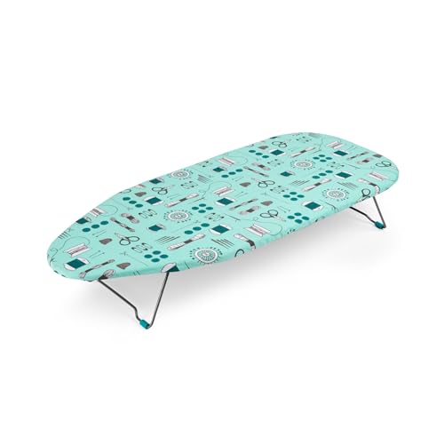 Beldray LA023735SEW Small Tabletop Ironing Board - 73 x31cm, Sewing Accessory Print, 100% Cotton Cover For Smooth Pressing, Foldable Legs, Lightweight For Travel, Easy Storage In Small Spaces