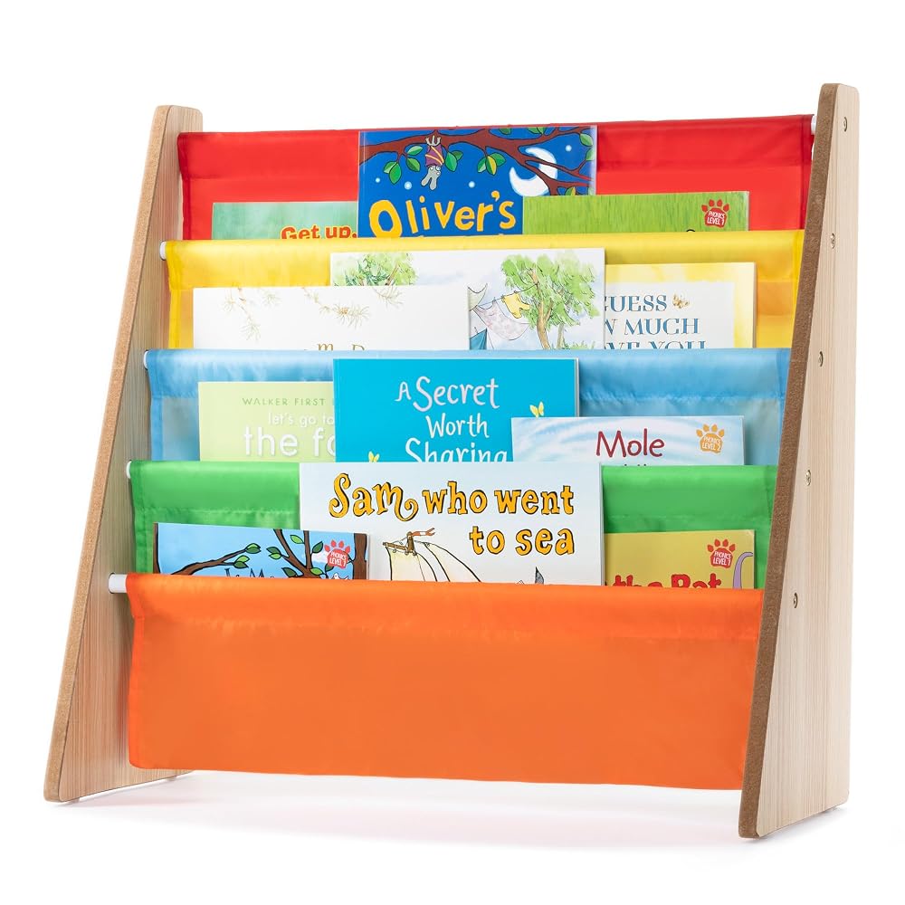 LIVIVO Colorful Kids Bookshelf - 4 Tier Children's Bookcase, Magazine and Book Storage Rack, Wooden Sling Book Organizer