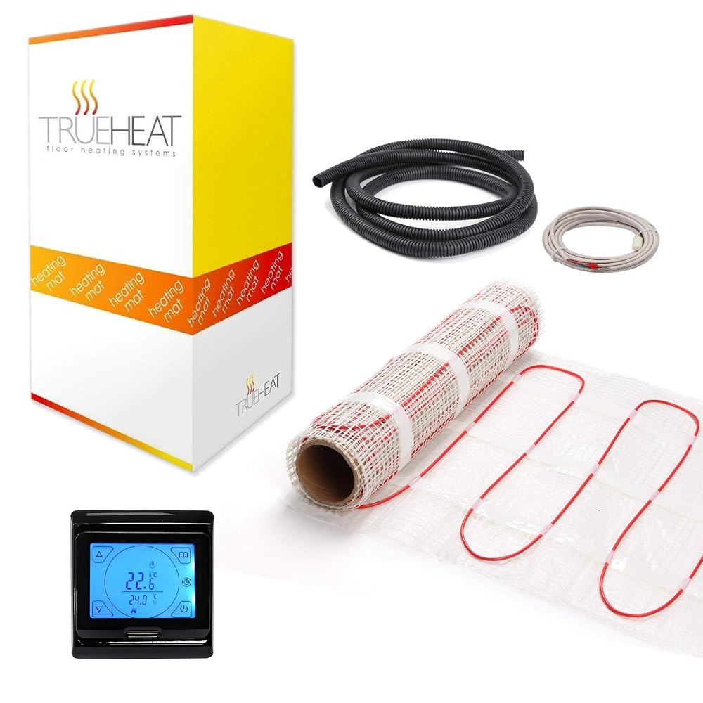 Adept Electric Underfloor Heating Mat Kit for Tile or Stone Floors, 200W/m² with Black Touchscreen Programmable Thermostat