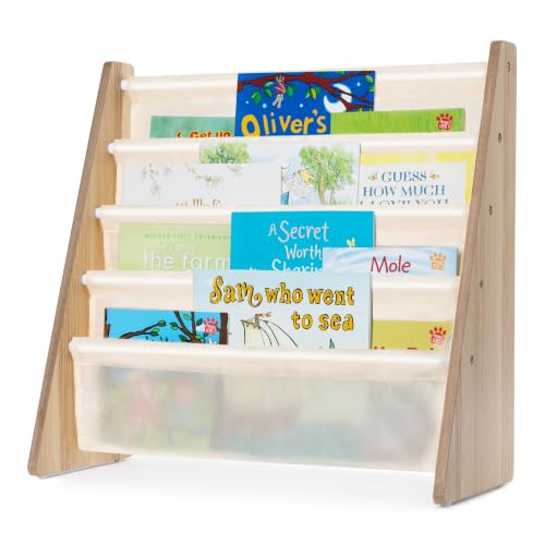 LIVIVO Colorful Kids Bookshelf - 4 Tier Children's Bookcase, Magazine and Book Storage Rack, Wooden Sling Book Organizer, Book Shelf for Kids Room, Bedroom, Nursery, Playroom (Natural)
