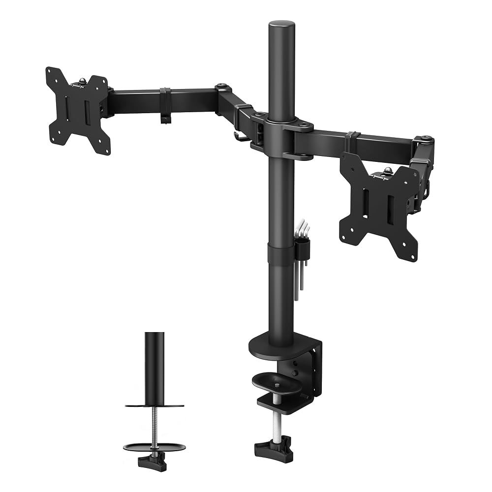 BONTEC Dual Monitor Arm Desk Mount for 13-27 Inch Computer Screens, VESA 75x75/100x100, Full Motion Adjustable, 360° Rotation, Black