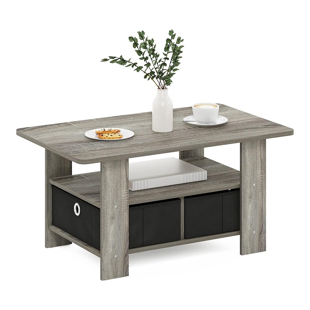 Furinno ANDREY Coffee Table with Bin Drawer, French Oak/Black