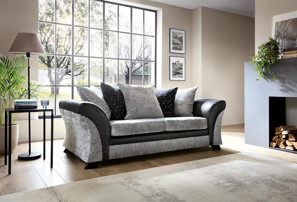 FARROW Chenille Fabric Corner Sofa, 2+3 Seater, Swivel Chair in Black & Grey