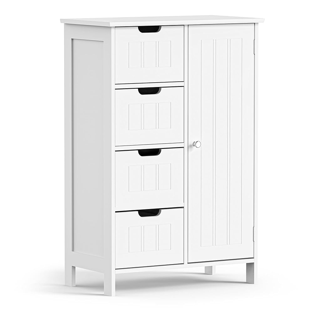 VonHaus Holbrook Bathroom Storage Cabinet, White Freestanding 4-Drawer Cupboard