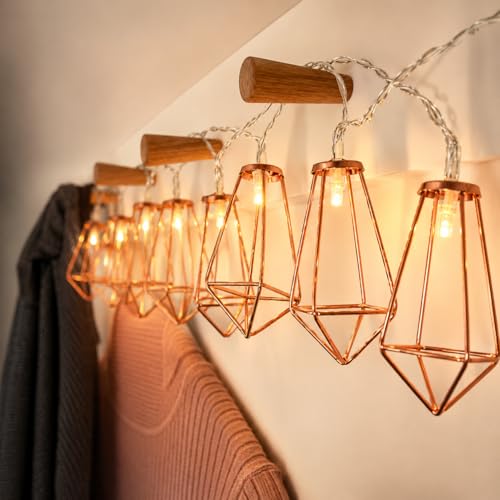 Festive Lights 1.8m Rose Gold Metal Fairy Lights – 10 Warm White LEDs, Geometric Lantern String Lighting – Battery-Powered with 6 Hour Timer – Ideal for Bedrooms, Weddings, Parties & Christmas
