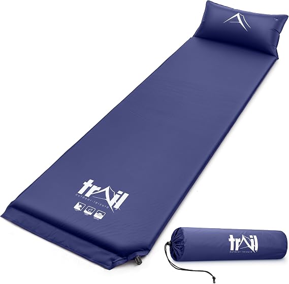 Trail Self Inflating Camping Mat With Pillow 2.5cm Thick Single Sleeping Pad With Bag (Blue)