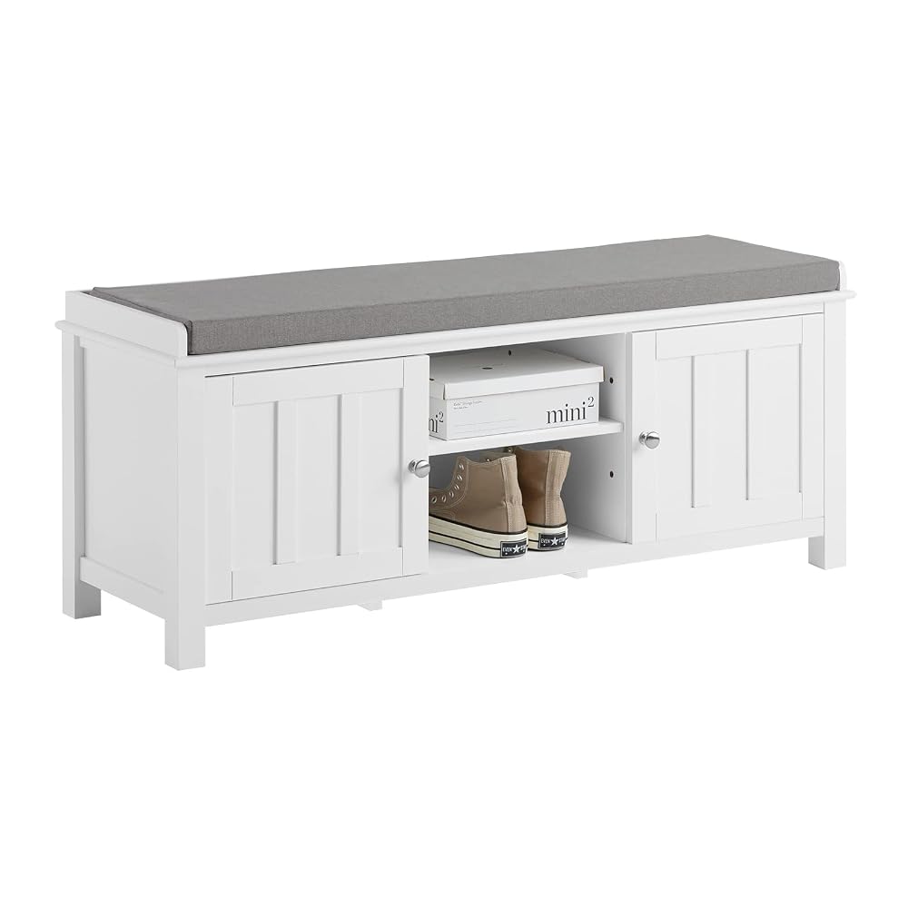 SoBuy Storage Bench Shoe Rack with Seat Cushion, White Shoe Storage Cabinet with Adjustable Shelf